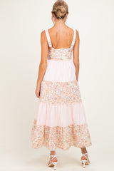 Peach Multi Floral Tiered Sleeveless Maternity Midi Dress