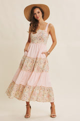Peach Multi Floral Tiered Sleeveless Midi Dress