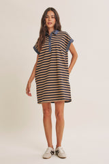 Navy/Mocha Relaxed Fit Striped Polo Maternity Mini Dress