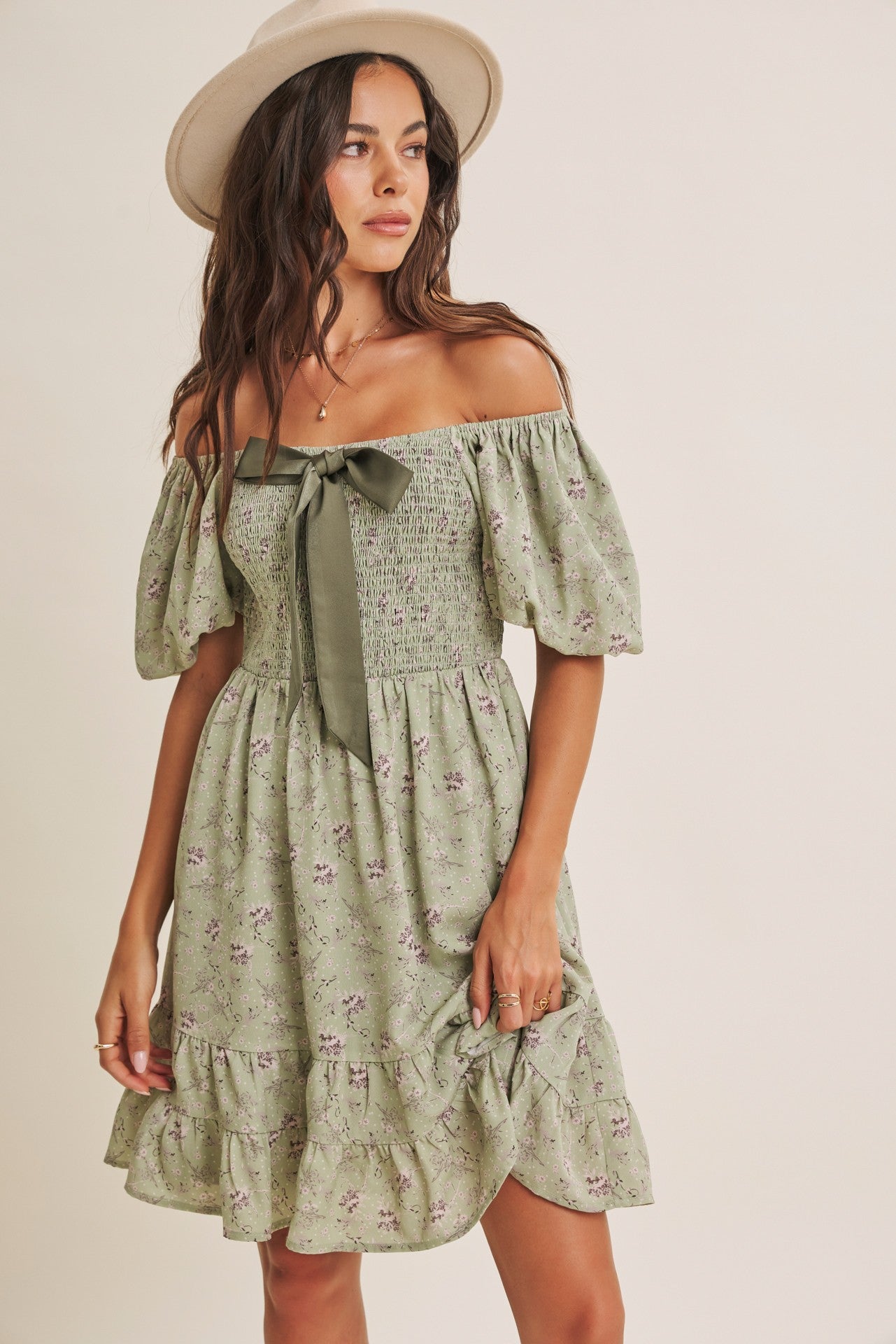 Sage Green Bow Smocked Bubble Sleeve Maternity Mini Dress
