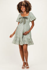 Sage Green Bow Smocked Bubble Sleeve Maternity Mini Dress