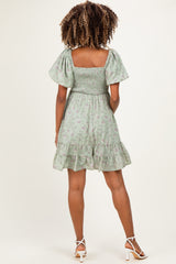 Sage Green Bow Smocked Bubble Sleeve Maternity Mini Dress