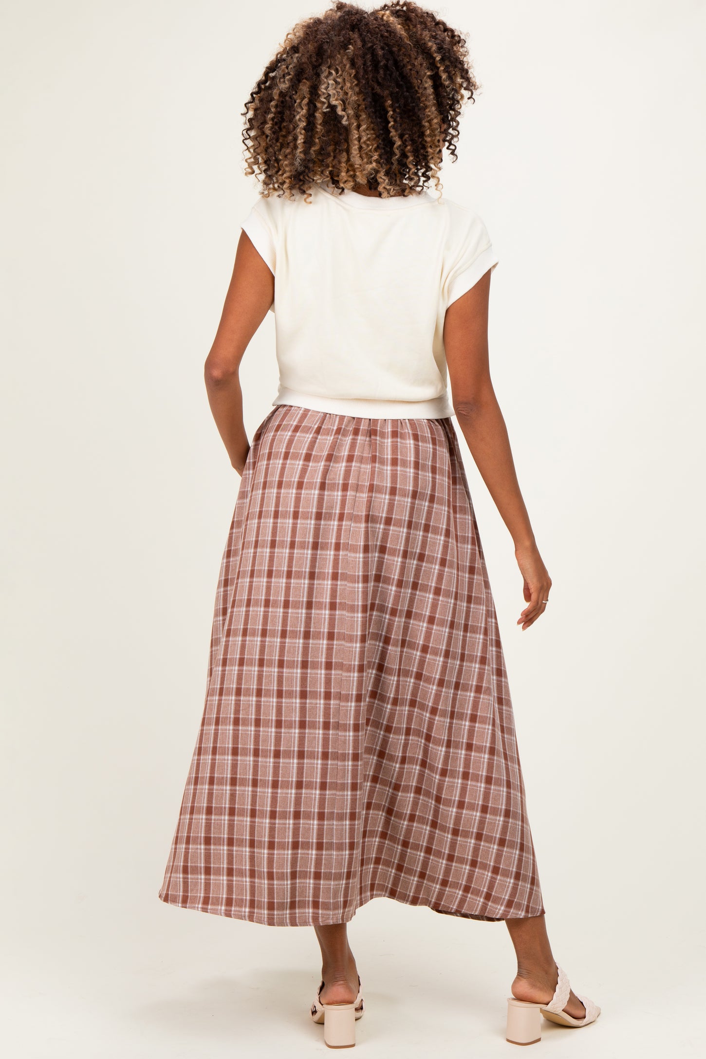 Cream/Mocha Plaid Cap Sleeve Maternity Midi Dress