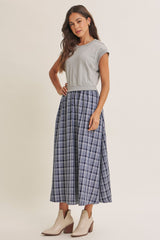 Heather Grey/ Navy Plaid Cap Sleeve Midi Dress