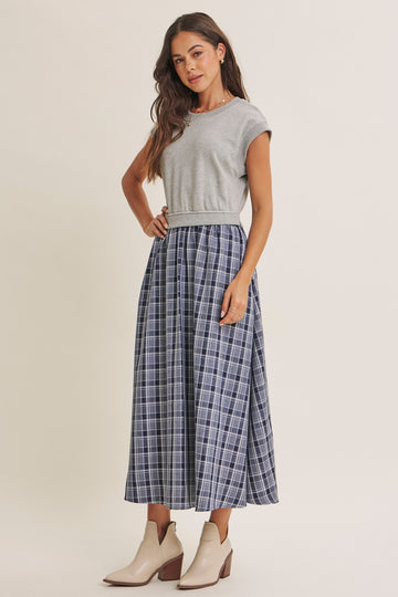 Heather Grey/ Navy Plaid Cap Sleeve Midi Dress