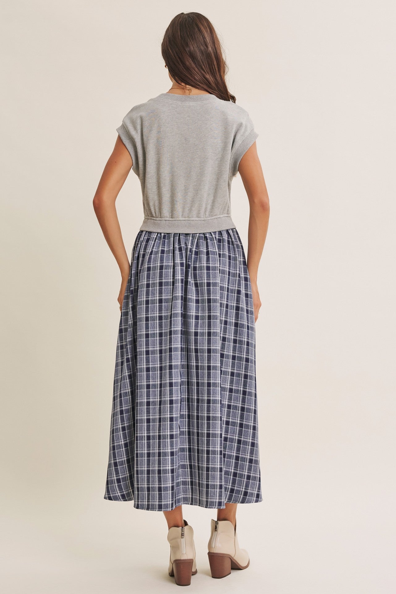Heather Grey/ Navy Plaid Cap Sleeve Midi Dress
