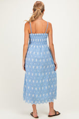 Blue Embroidered Smocked Maternity Maxi Dress