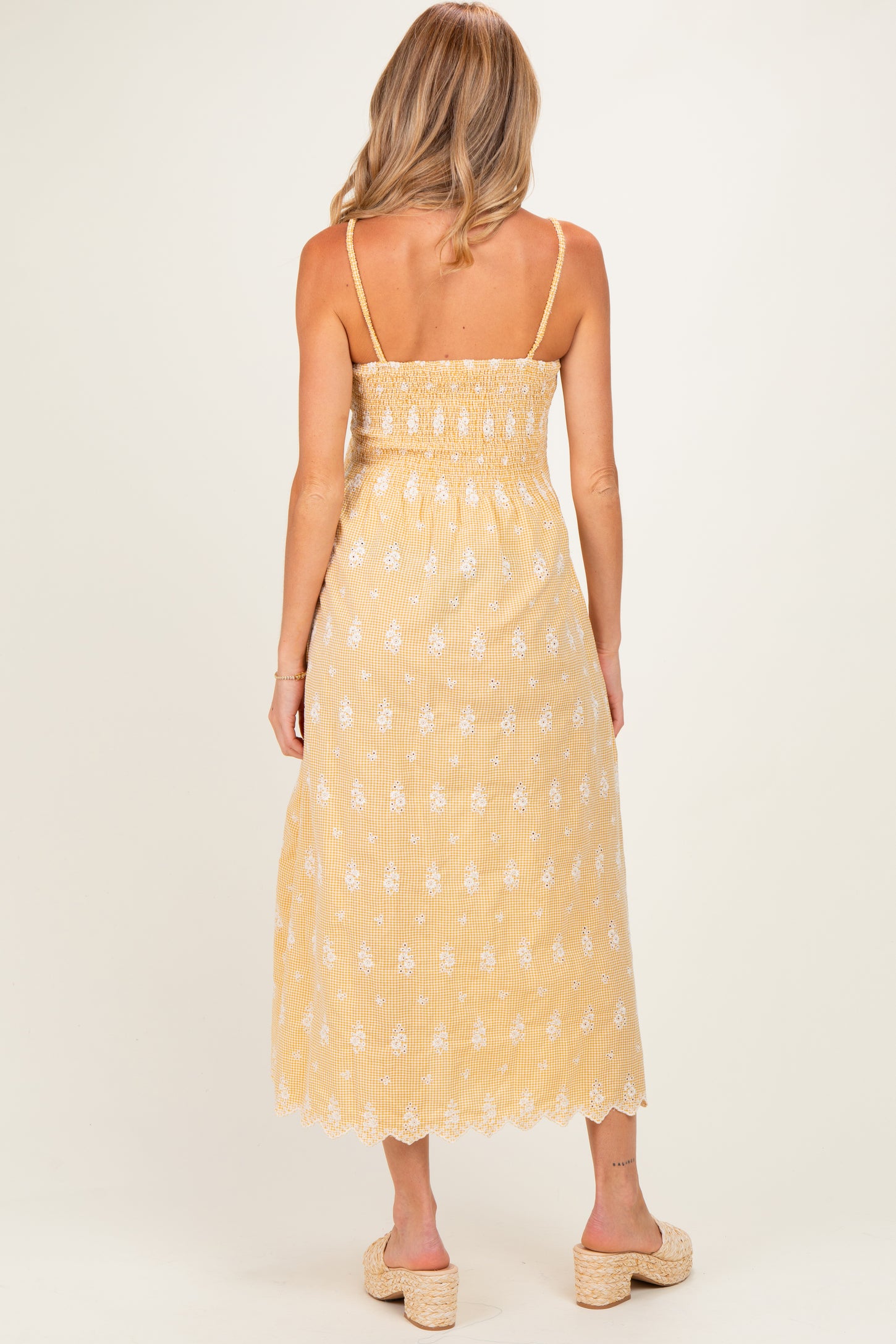 Yellow Embroidered Smocked Maternity Maxi Dress