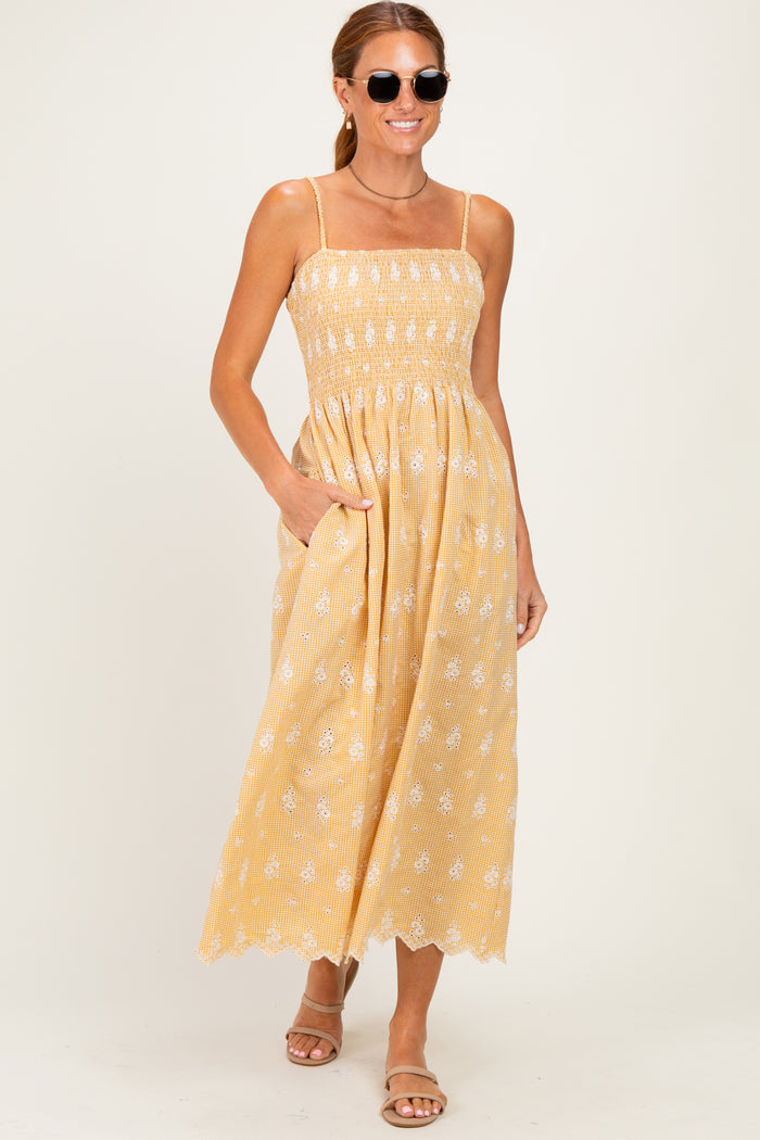 Yellow Embroidered Smocked Maternity Maxi Dress