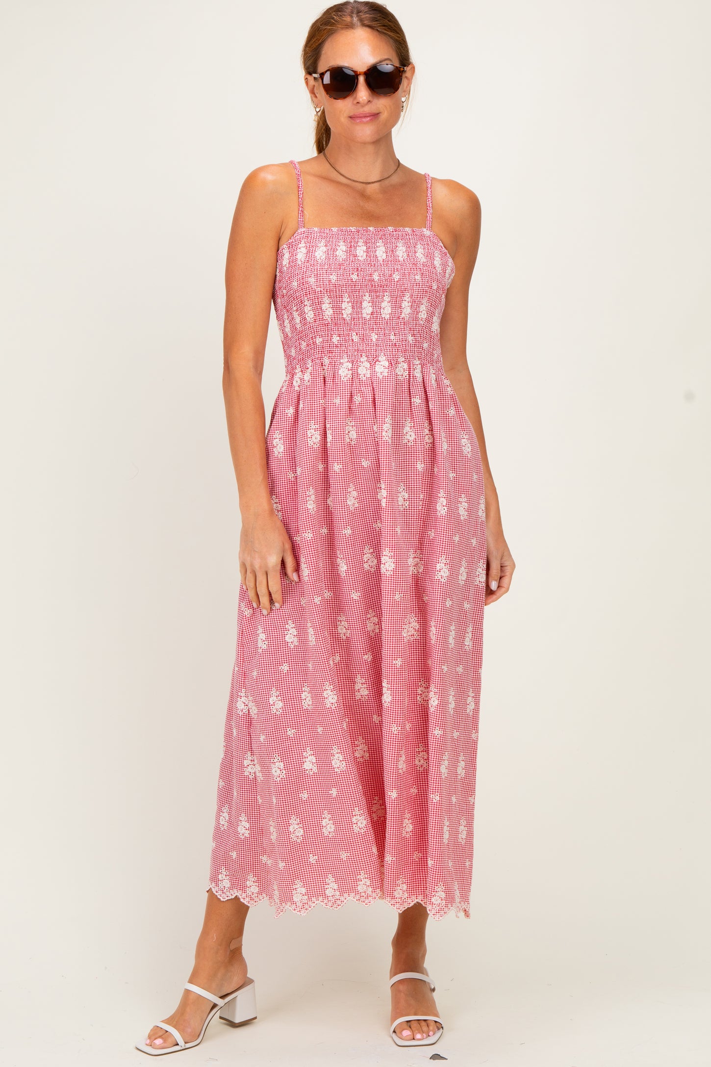 Red Embroidered Smocked Maternity Maxi Dress