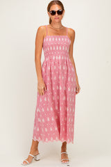Red Embroidered Smocked Maternity Maxi Dress