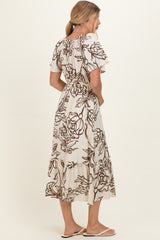 Taupe Floral Smocked Front Tie Midi Dress