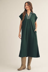 Hunter Green Striped Collared Side Slit Maternity Midi Dress