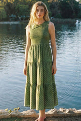 Olive Polka Dot Smocked Tiered Maternity Maxi Dress