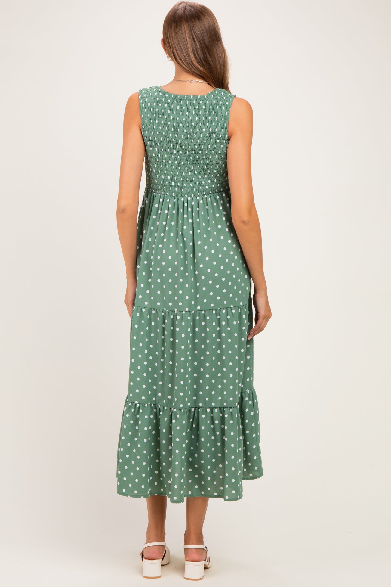 Olive Polka Dot Smocked Tiered Maternity Maxi Dress