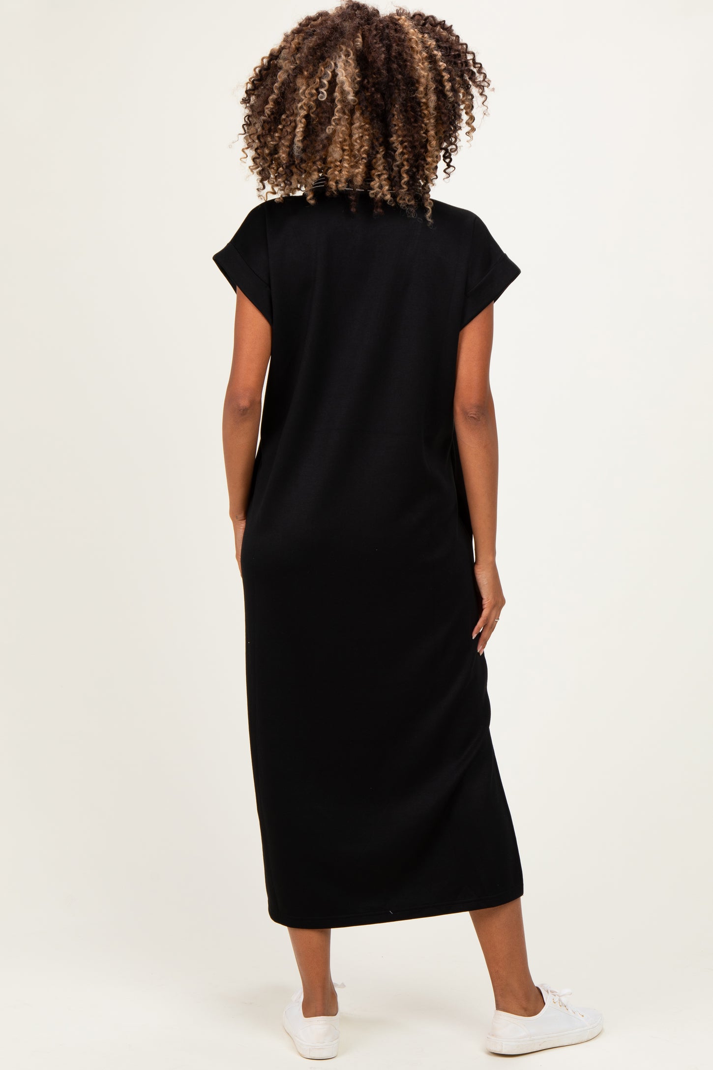 Black Striped Collared Side Slit Maternity Midi Dress