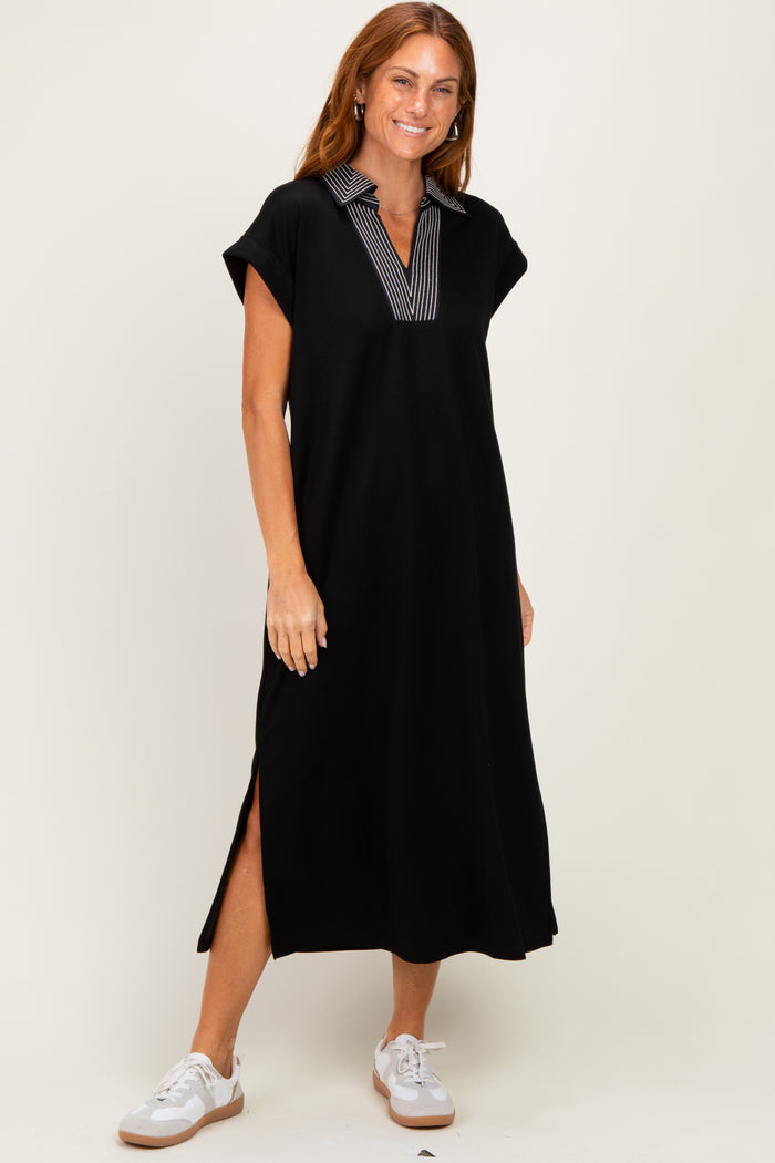 Black Striped Collared Side Slit Maternity Midi Dress