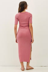 Dusty Rose Ruched Short Sleeve Side Slit Midi Dress