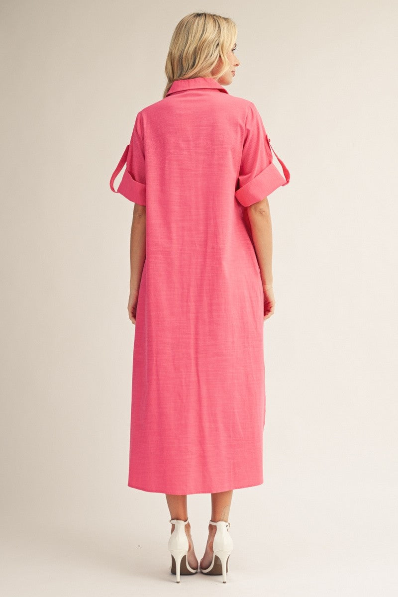 Fuchsia Side Slit Button Down Midi Dress
