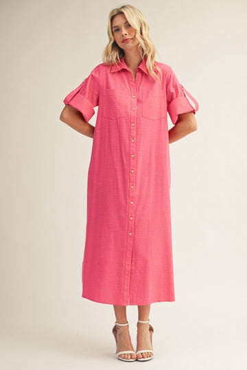 Fuchsia Side Slit Button Down Midi Dress
