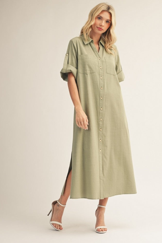 Sage Side Slit Button Down Midi Dress