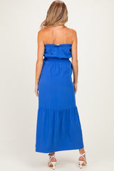 Capri Blue Strapless Cinched Waist Tie Maternity Maxi Dress