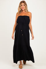 Black Strapless Cinched Waist Tie Maternity Maxi Dress