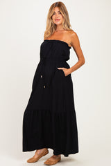Black Strapless Cinched Waist Tie Maternity Maxi Dress