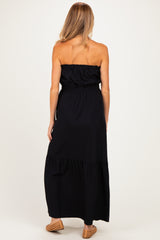 Black Strapless Cinched Waist Tie Maternity Maxi Dress