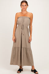 Taupe Strapless Cinched Waist Tie Maternity Maxi Dress