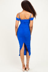 Royal Blue Ruched Mesh Off Shoulder Midi Dress