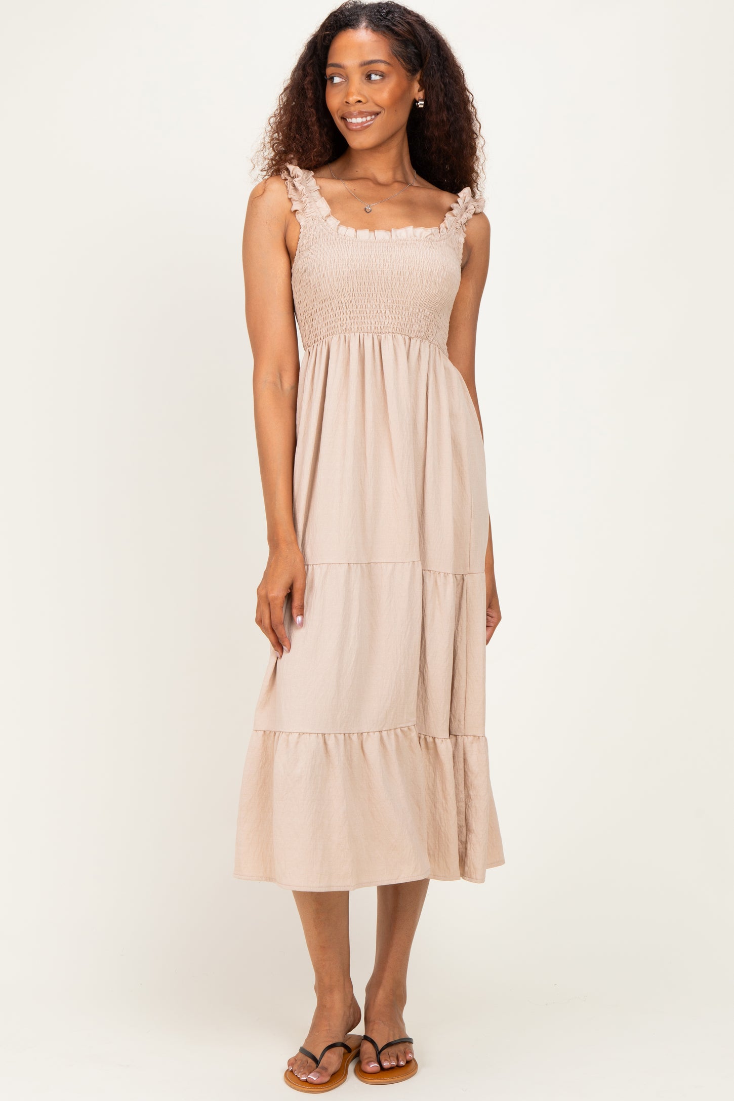 Natural Smocked Tiered Ruffle Detail Dress