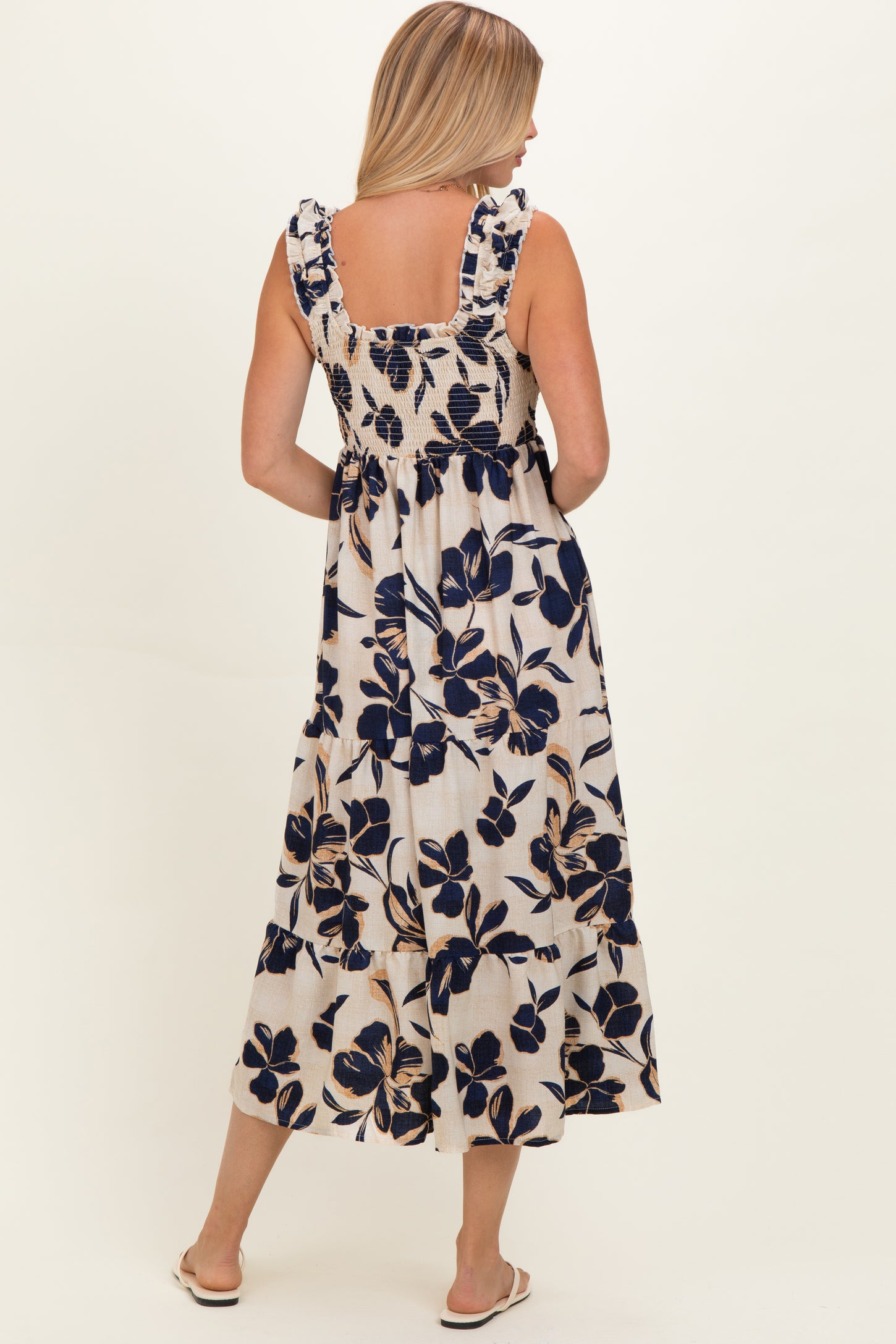 Navy Floral Smocked Tiered Midi Dress