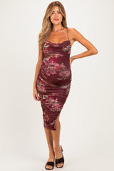 Burgundy Floral Ruched Crisscross Back Maternity Midi Dress