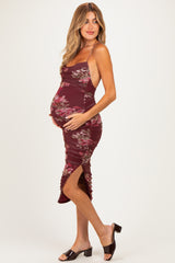 Burgundy Floral Ruched Crisscross Back Maternity Midi Dress