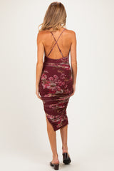 Burgundy Floral Ruched Crisscross Back Maternity Midi Dress