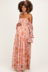 Peach Off Shoulder Long Sleeve Maternity Maxi Dress
