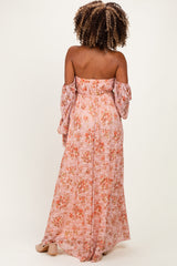 Peach Off Shoulder Long Sleeve Maternity Maxi Dress