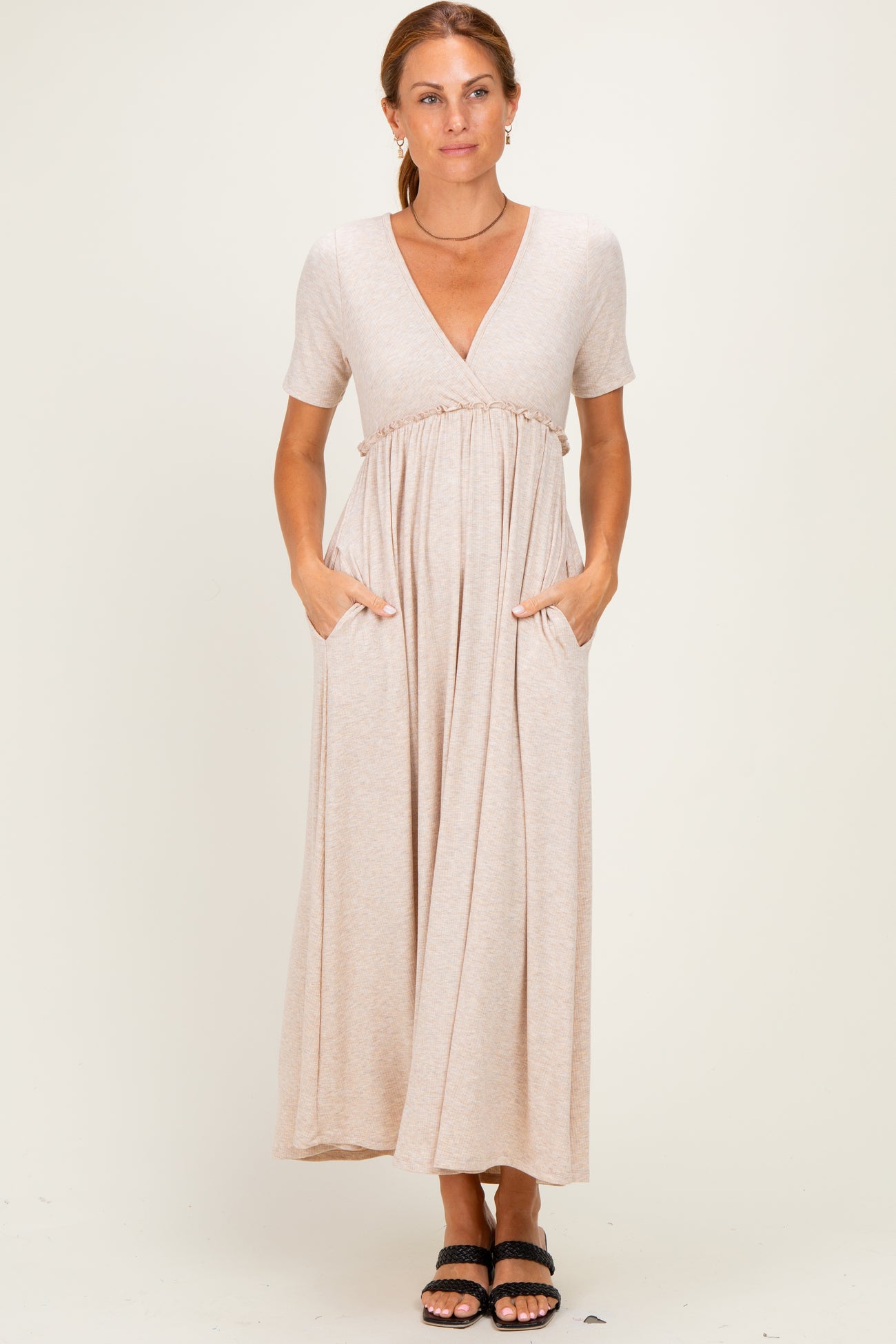 Oatmeal Short Sleeve V-Neck Maternity Maxi Dress