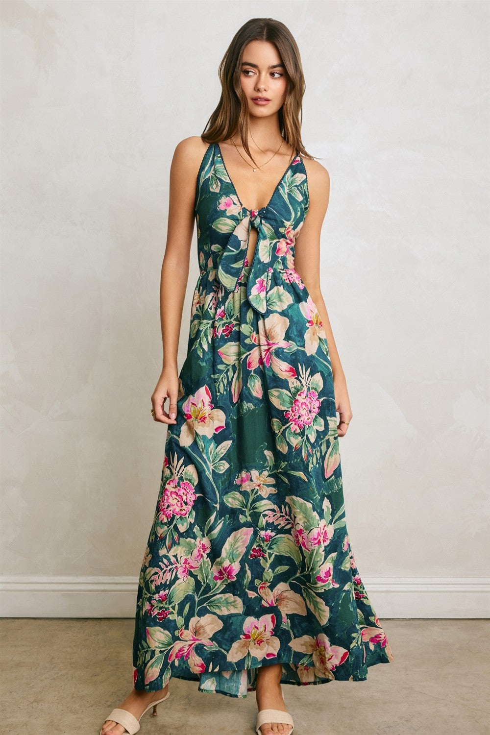 Deep Teal Floral Front Knot Open Back Maternity Maxi Dress