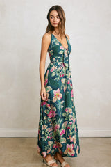 Deep Teal Floral Front Knot Open Back Maxi Dress