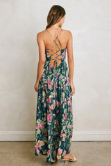 Deep Teal Floral Front Knot Open Back Maxi Dress