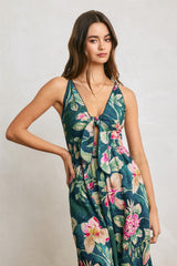 Deep Teal Floral Front Knot Open Back Maxi Dress
