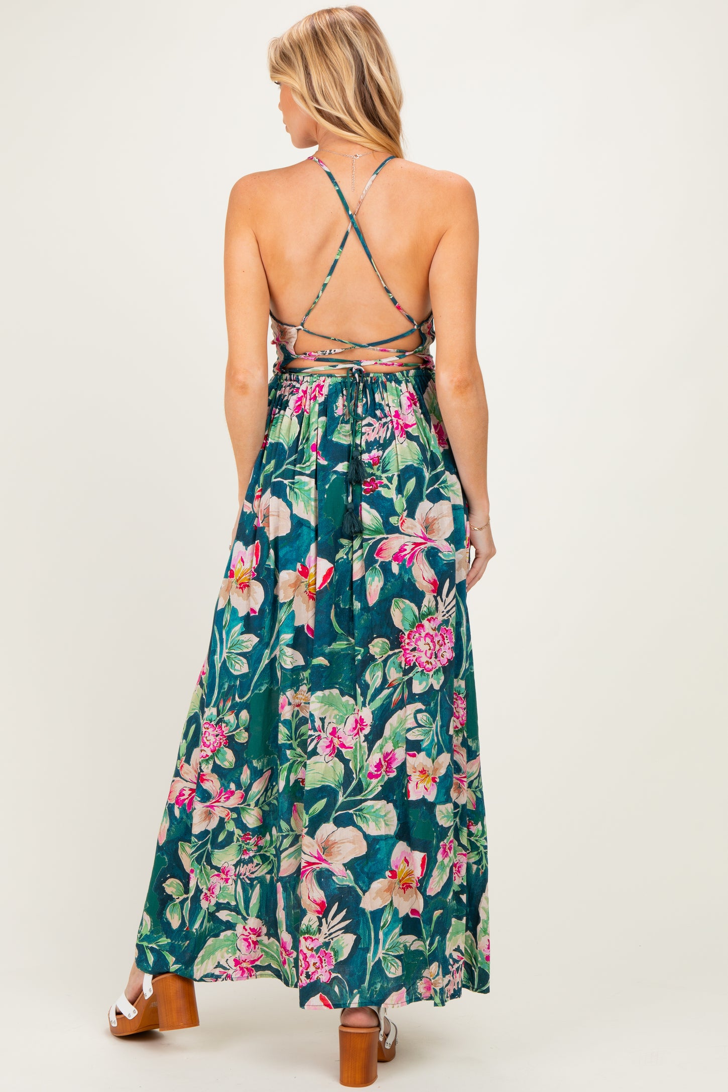 Deep Teal Floral Front Knot Open Back Maternity Maxi Dress