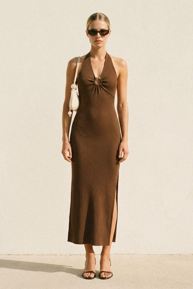 Hazel Knit Halter Gold Ring Maternity Maxi Dress