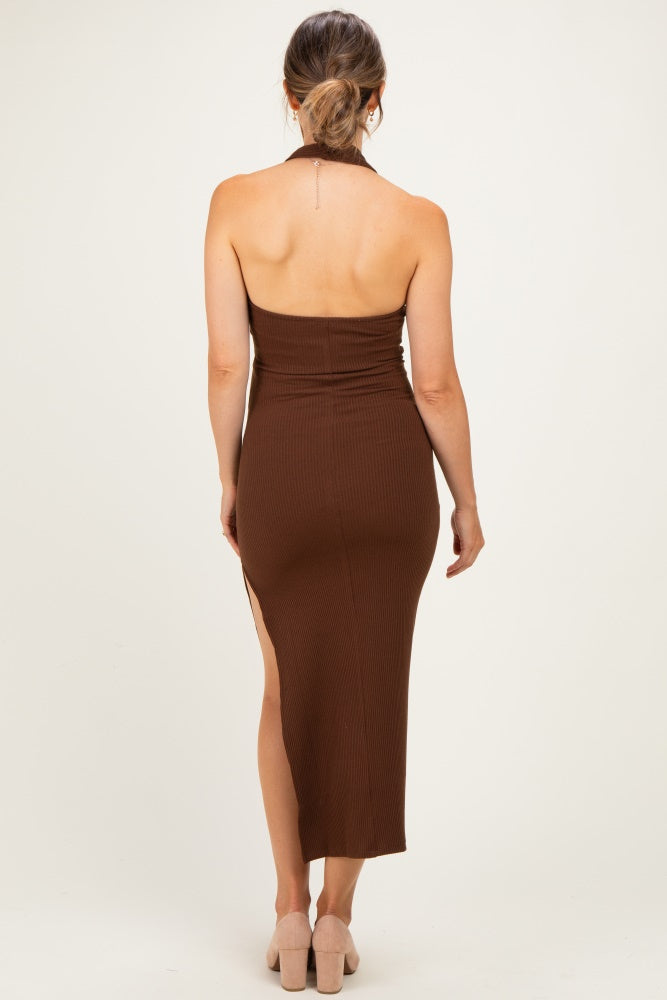 Hazel Knit Halter Gold Ring Maternity Maxi Dress