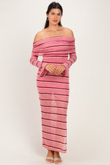 woman wearing a pink and white striped off-the-shoulder bodycon maxi dress with long sleeves