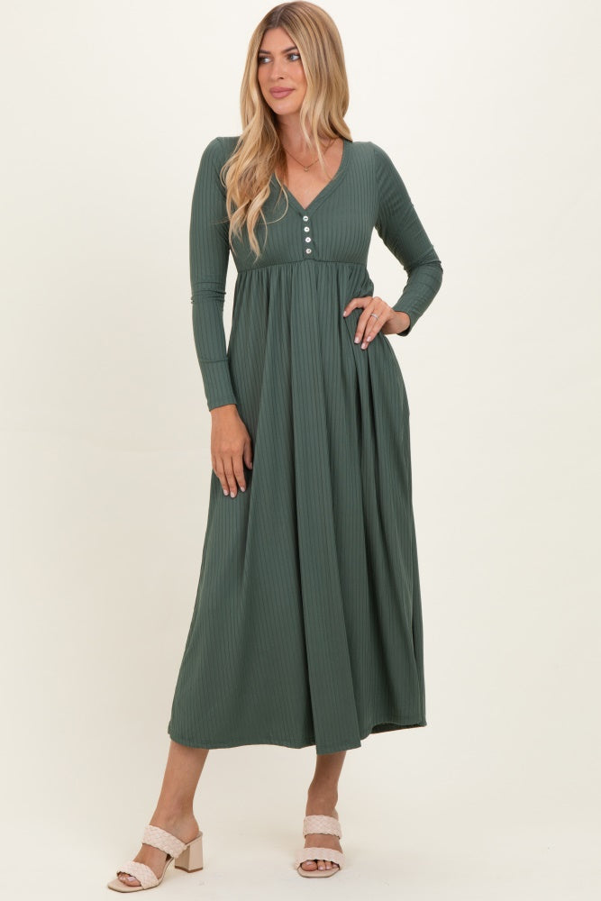 Olive Ribbed Knit Long Sleeve Maxi Dress