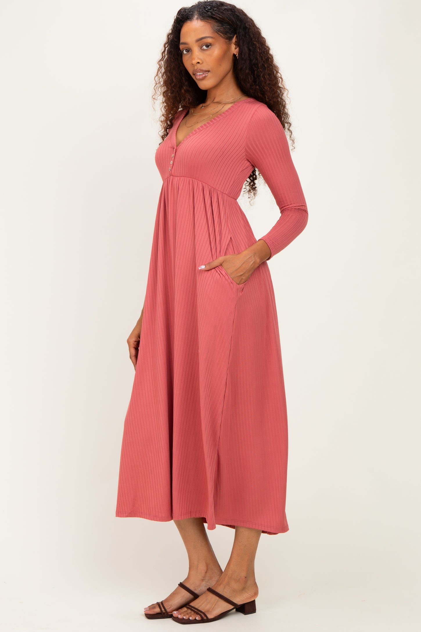 Mauve Ribbed Knit Long Sleeve Maxi Dress