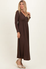 Brown Ribbed Knit Long Sleeve Maxi Dress